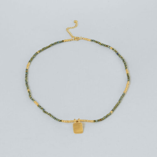 Teal and Gold Short Beaded Necklace with Rectangular Pendant