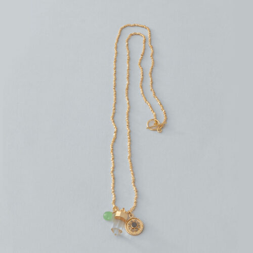Long Gold Beaded Necklace with Crystal and Gem Pendant Cluster