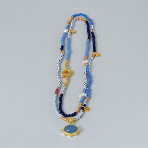 Long Blue Beaded Necklace with Blue Chalcedony Pendant