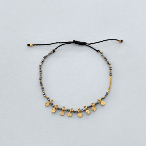 Adjustable Grey Pyrite Bead Bracelet with Gold Discs