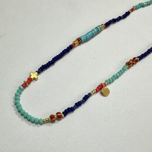 Turquoise, Navy, Red and Gold Beaded Necklace