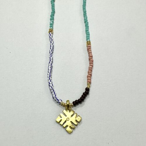 Blue, Pink and Gold Beaded Necklace with Ethopian Cross