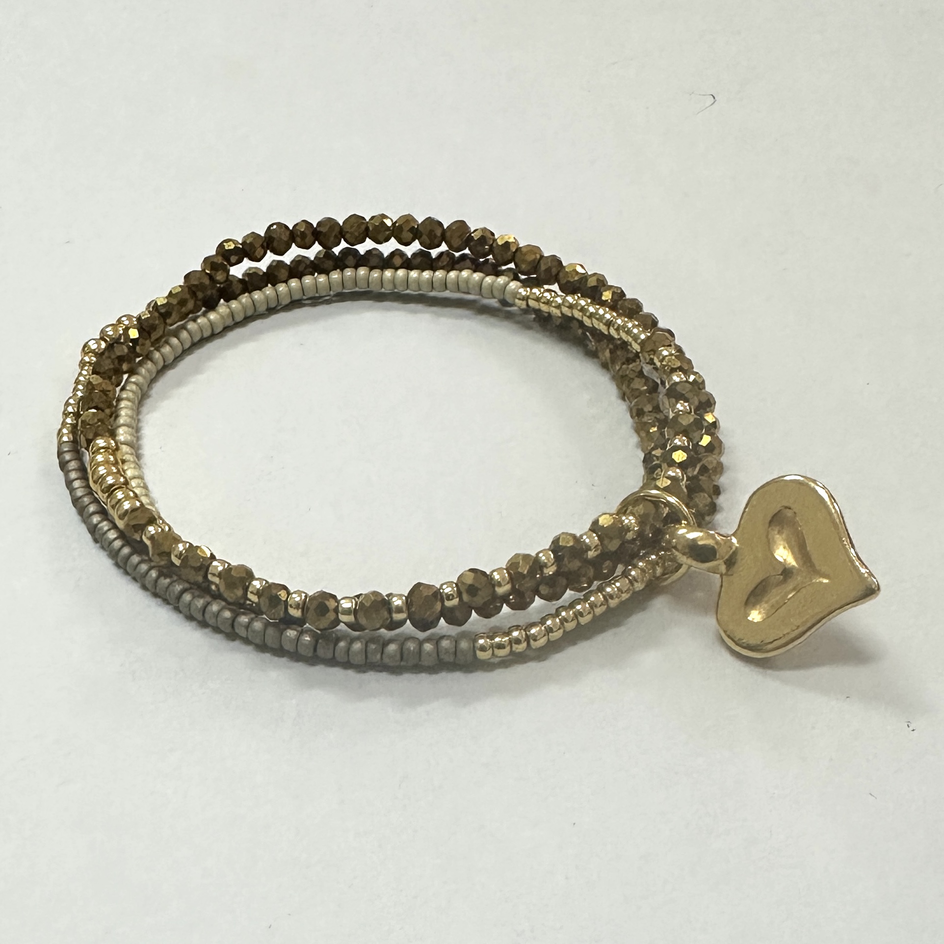 Gold and Sand Triple Wrap Bracelet with Heart Charm