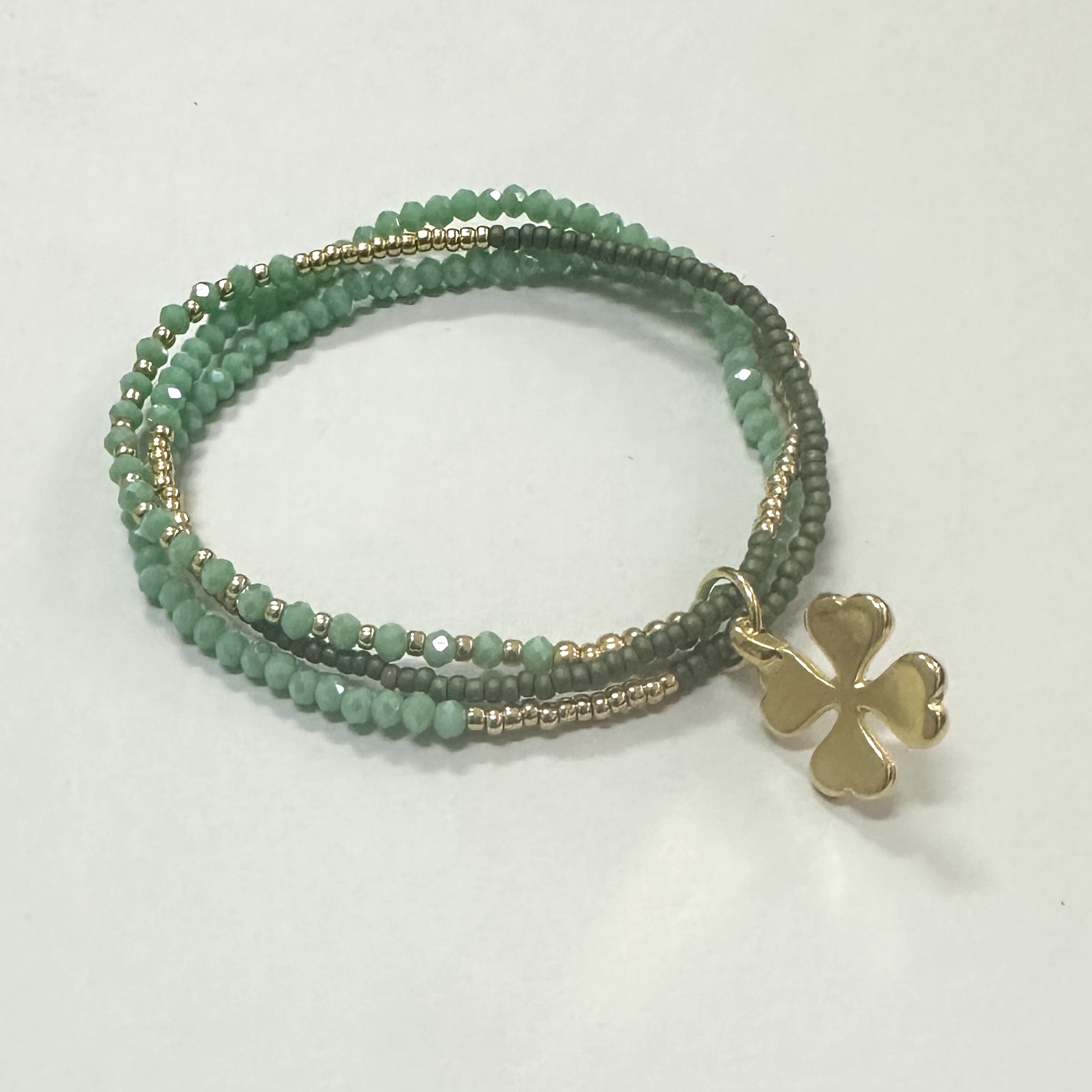 Sea Foam and Sage Green Triple Wrap Bracelet with Lucky Clover Charm