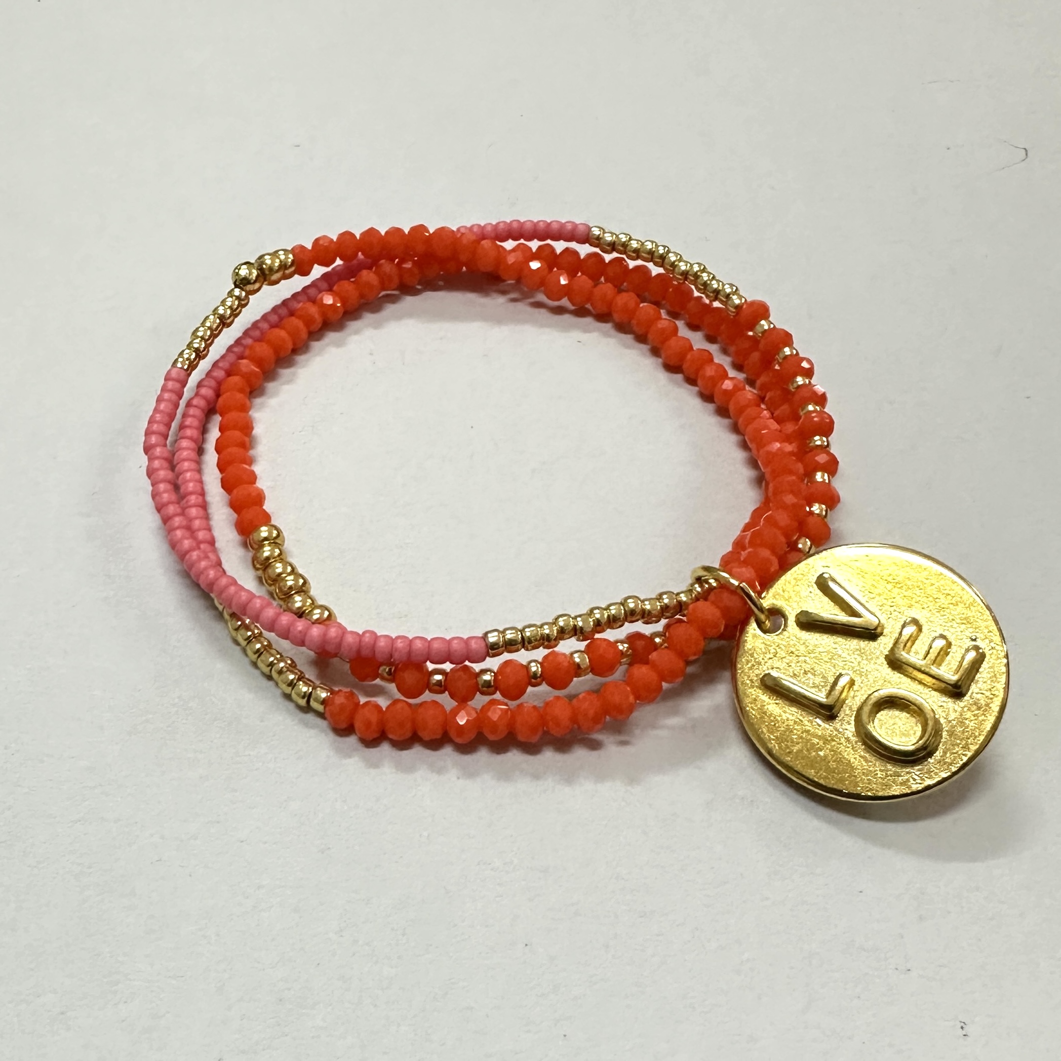 Coral and Pink Triple Wrap Bracelet with Love Charm