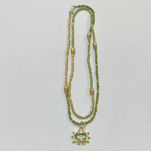 Long Green and Gold Beaded Necklace with Sparkling Green Amethyst Pendant
