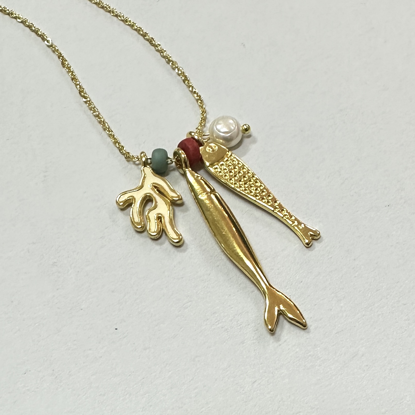 Gold Sardine, Coral and Pearl Adjustable Necklace