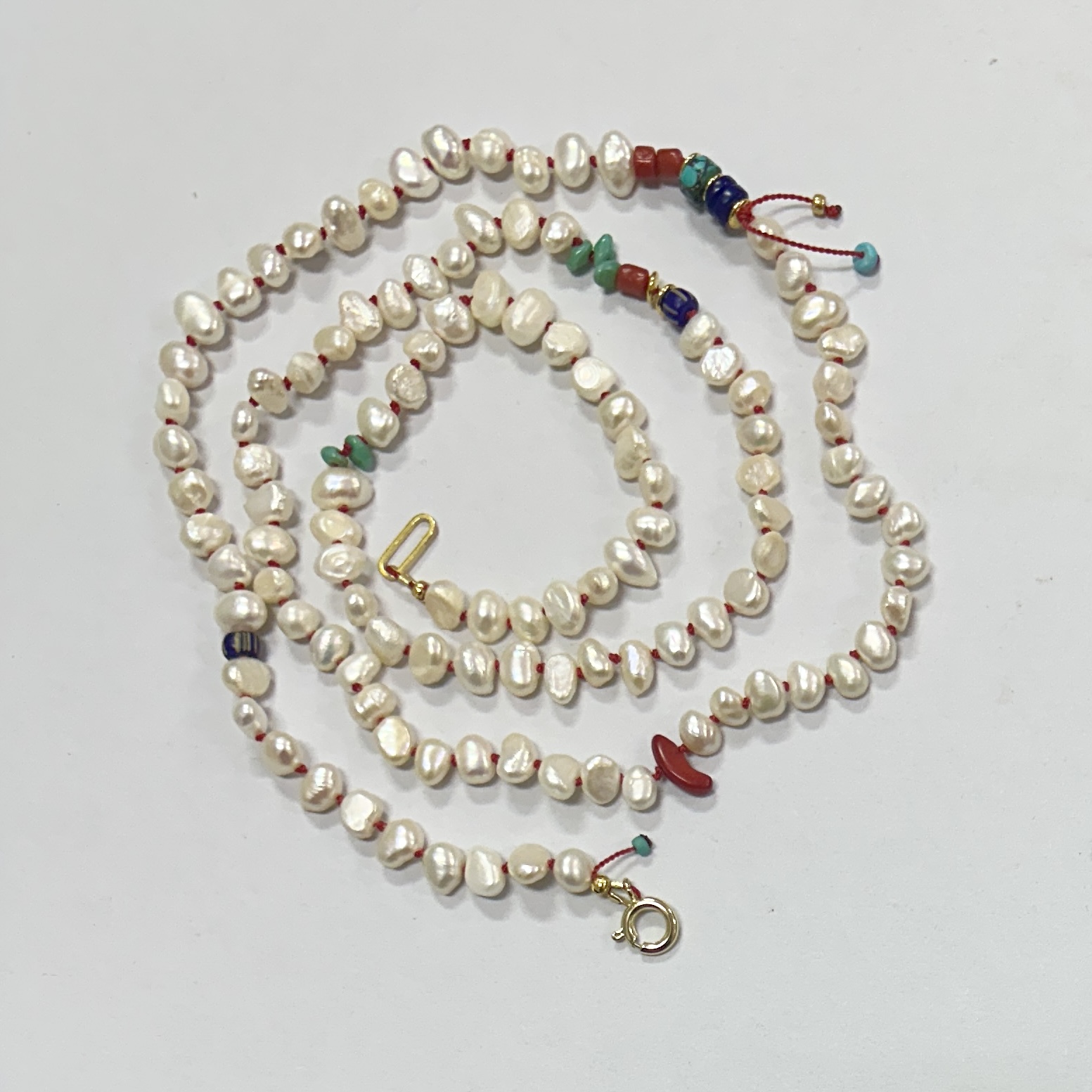 Pearl and Red Silk Necklace with Red Shell and Turquoise Beads