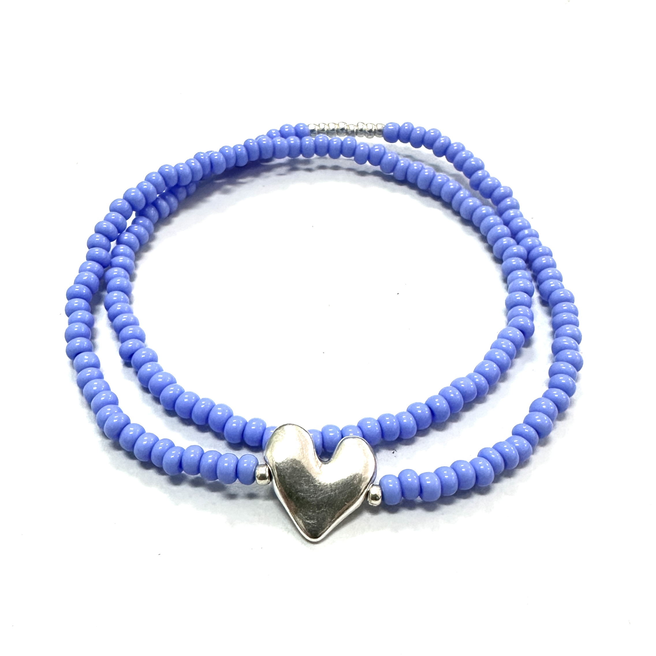 Silver Heart and Jacaranda Blue Bead Double Wrap Bracelet