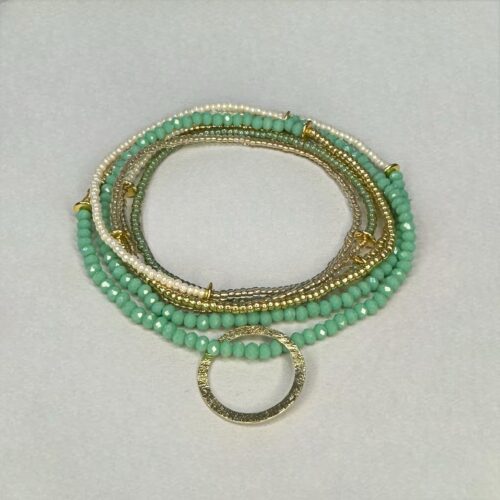 Beaded Heartstring Necklace in Mint Green, Pearl and Gold
