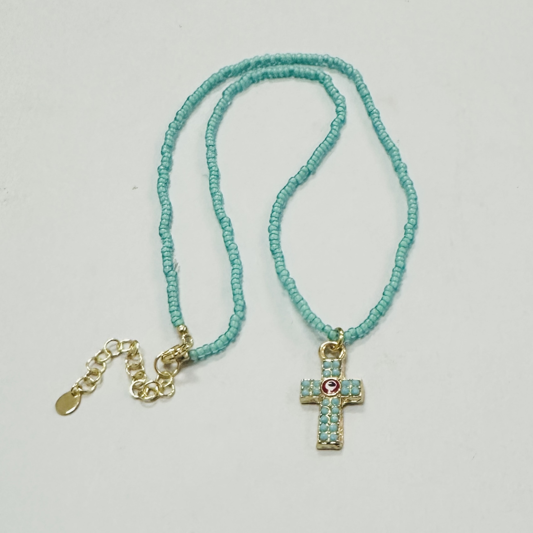 Short Aqua Necklace with Mini Mosaic Cross