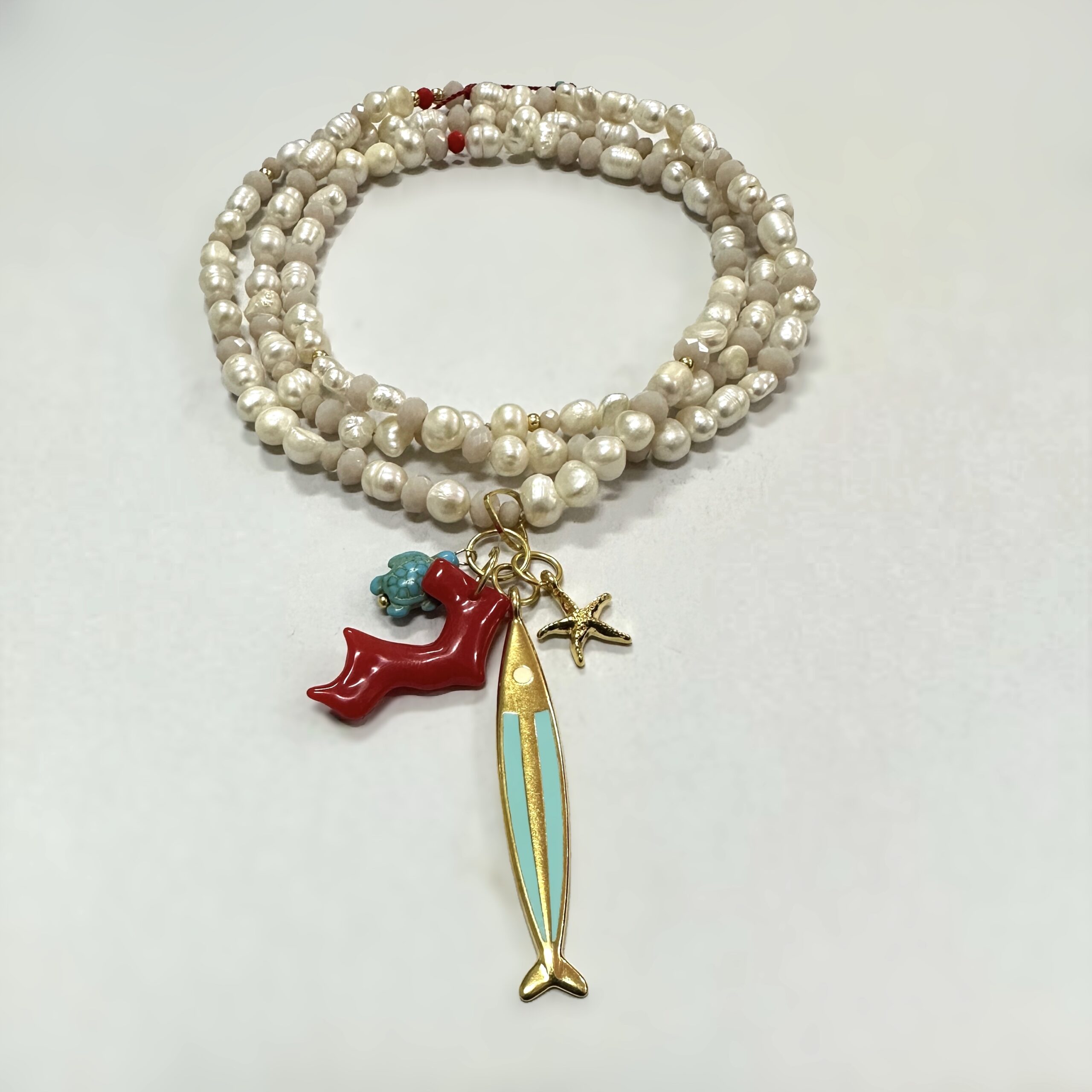 Long Pearl and Bead Necklace with Sea Creature Cluster