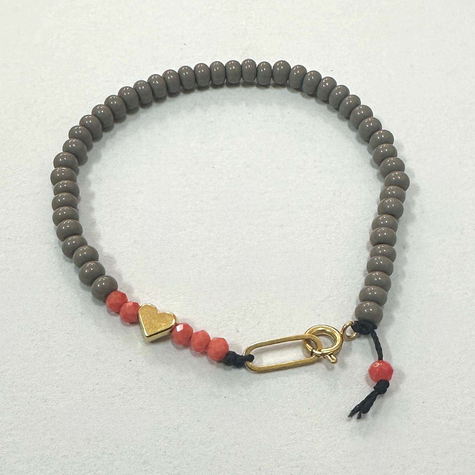 Grey and Salmon Beaded Bracelet with Heart Charm
